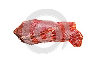 Steak flanchet flan steak of raw marbled beef lies on a white background. Isolated photo