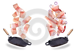 A steak of flying fish falls into the pan. The effect of flying motion in the cooking process.Isolated objects on a