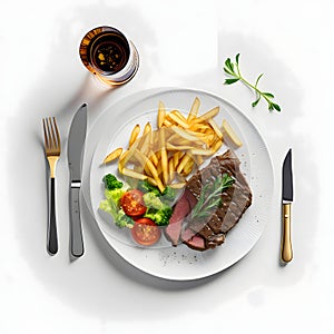 steak with french fries and vegetables on white background, top view