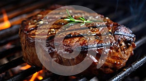 Steak on the grill, in the background you can see the fire slowly smoldering. Ai generated illustration