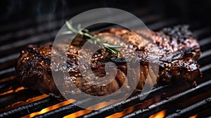 Steak on the grill, in the background you can see the fire slowly smoldering. Ai generated illustration