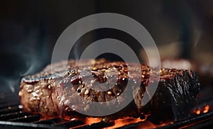 Steak on the grill, in the background you can see the fire slowly smoldering. Ai generated illustration