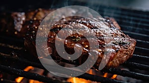 Steak on the grill, in the background you can see the fire slowly smoldering. Ai generated illustration