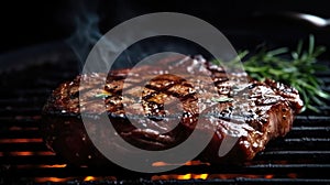 Steak on the grill, in the background you can see the fire slowly smoldering. Ai generated illustration