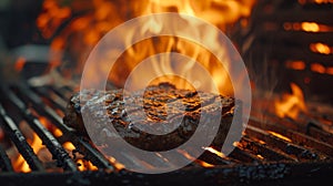 A steak on a grill with flames coming out of it, AI
