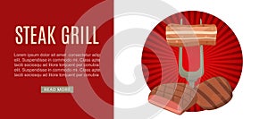 Steak and grill house menu vector illustration web banner with fork and BBQ roaster and vintage red background.