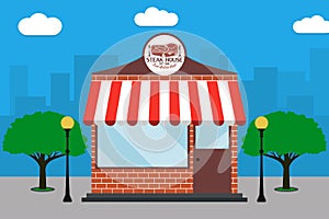 Steak House building. Grill Restaurant facade with signboard with meat, street lamps, trees. Vector illustration