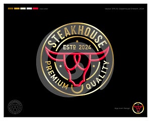 Steak house emblem. Meat restaurant or butchery. The stylized bull head and golden letters in circle. Identity, app icon.