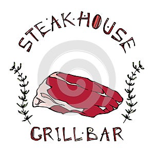 Steak House or Grill Bar Logo. Flank Steak Beef Cut with Lettering in s Thyme Herb Frame. Meat Logo for Butcher Shop, Menu. Hand D