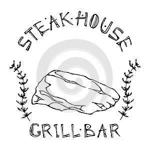 Steak House or Grill Bar Logo. Flank Steak Beef Cut with Lettering in s Thyme Herb Frame. Meat Logo for Butcher Shop, Menu. Hand D