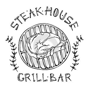 Steak House or Grill Bar Logo. Rib Eye Steak on a Grill . Beef Cut with Lettering in s Thyme Herb Frame. Meat Logo for Butcher Sho