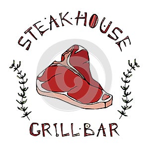 Steak House or Grill Bar Logo. T-Bone Steak Beef Cut with Lettering in s Thyme Herb Frame. Meat Logo for Butcher Shop, Menu. Hand