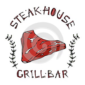 Steak House or Grill Bar Logo. Tri-Tip Steak Beef Cut with Lettering in s Thyme Herb Frame. Meat Logo for Butcher Shop, Menu. Hand