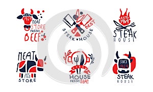 Steak House Logo Design Set, Meat Store Fresh Beef Premium Labels Hand Drawn Vector Illustration