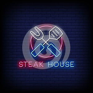 Steak House Logo Neon Signs Style Text Vector