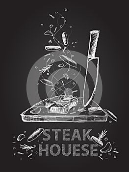 Steak house quotes illustration on chalkboard