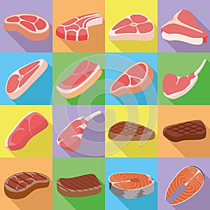 Steak icons set, flat style