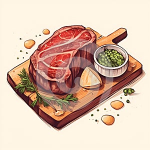 Steak illustration for menu. Raw ribeye or new york steak on a wooden cutting board, isolated food illustration on white