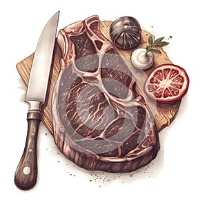 Steak illustration for menu. Raw tomahawk steak on a wooden cutting board, isolated food illustration on white background. Raw