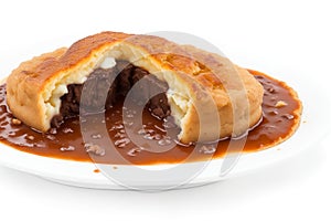 Steak and kidney pudding on white background