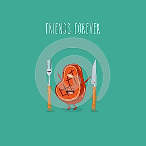 Steak knife fork friends forever. Vector illustration
