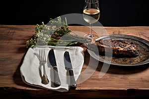 a steak knife plunged into an oak dining table with a plate and cutlery