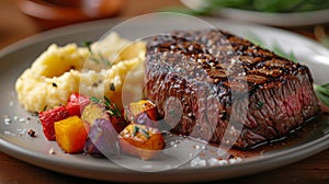 Steak, Mashed Potatoes, and Vegetables on Plate