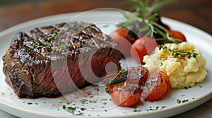 Steak, Mashed Potatoes, and Vegetables on Plate