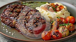 Steak, Mashed Potatoes, and Vegetables on Plate