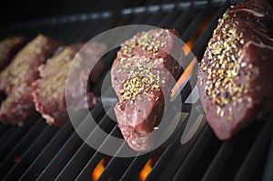 Steak meat on bbq flame grill