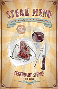 Steak menu design with graphic illustration of a fillet steak on a plate and glass of wine