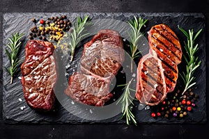 Steak menu. Juicy grilled steaks on a black stone background