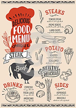 Steak menu template for restaurant vector illustration brochure for gourmet food and drink cafe. Design layout with vintage chefs