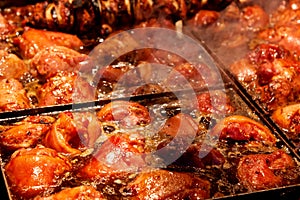 Steak and other meat on barbeque. Background