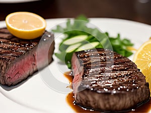 Steak palette lighting detail cozy restaurant closeup.