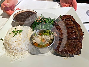 Steak With Pico de Gallo, White Rice, Beans and Salad