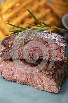 Steak with potato lattices photo