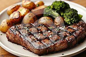 A steak with potatoes and broccoli on a white plate
