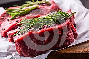 Steak. Raw beef steak. Fresh raw Sirloin beef steak sliced o Herb - Rosemary decoration