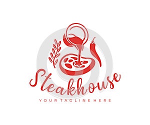 Steak, rosemary, pepper and sauce is poured from the stewpan, logo design. Steakhouse, chophouse, meat, meal and food, vector desi