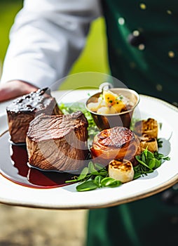 Steak served by a waiter at a luxury event outdoors, fine dining, post-processed, generative ai