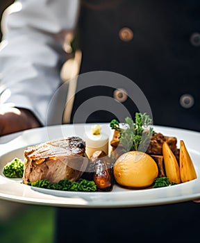 Steak served by a waiter at a luxury event outdoors, fine dining, post-processed, generative ai