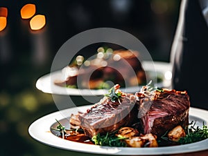 Steak served by a waiter at a luxury event outdoors, fine dining, post-processed, generative ai