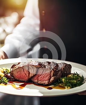 Steak served by a waiter at a luxury event outdoors, fine dining, post-processed, generative ai