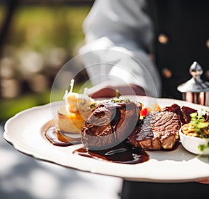 Steak served by a waiter at a luxury event outdoors, fine dining, post-processed, generative ai