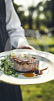 Steak served by a waiter at a luxury event outdoors, fine dining, post-processed, generative ai