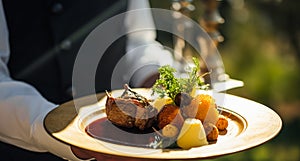 Steak served by a waiter at a luxury event outdoors, fine dining, post-processed, generative ai