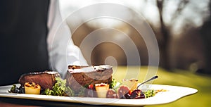 Steak served by a waiter at a luxury event outdoors, fine dining, post-processed, generative ai