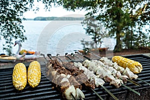 Steak shishkabob skewers with vegitables cooking on flaming gril