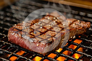 A steak is sizzling on a grill as flames lick its surface, creating a mouthwatering charred crust, Kobe Beef steak, grilled to